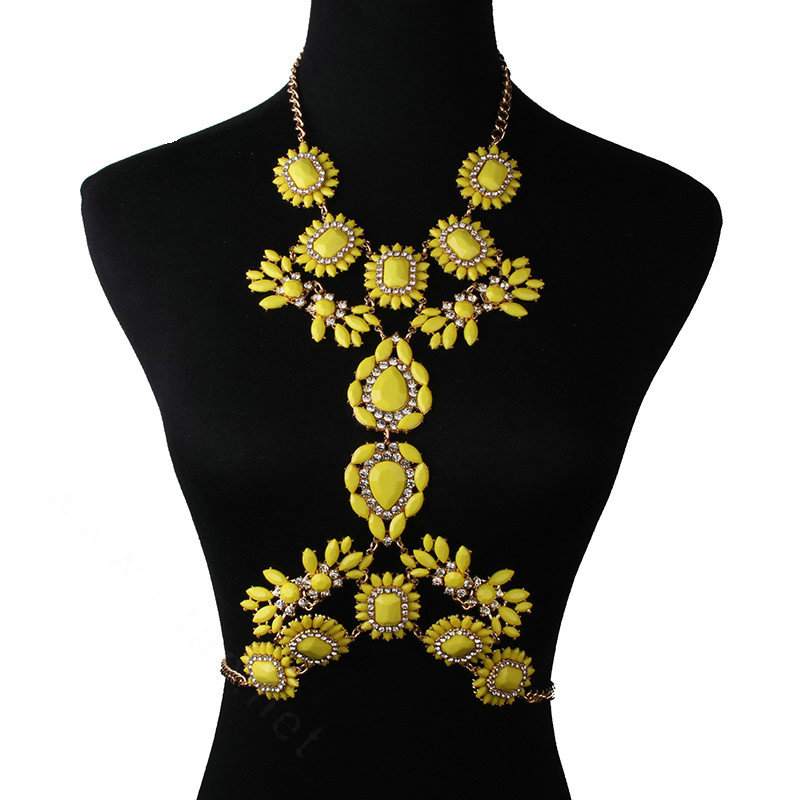 Alloy Rhinestone Flower Pendant Gem Necklace Bikini Beach Dress Decro Body Chain Jewelry - Yellow