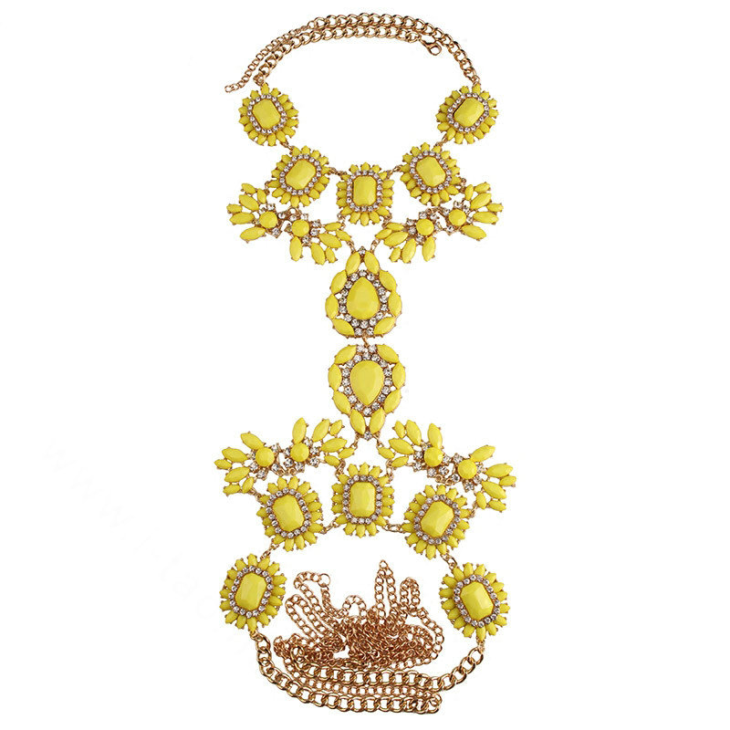 Alloy Rhinestone Flower Pendant Gem Necklace Bikini Beach Dress Decro Body Chain Jewelry - Yellow
