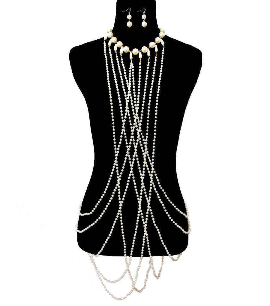 Bling Beaded Pearls Belly Waist Body Chain Dinner Party Long Pendant Necklace Jewelry - White