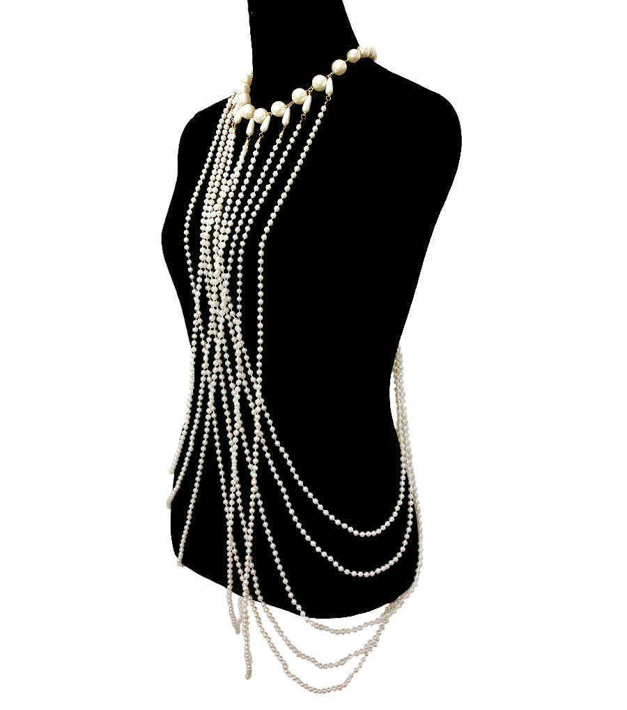 Bling Beaded Pearls Belly Waist Body Chain Dinner Party Long Pendant Necklace Jewelry - White