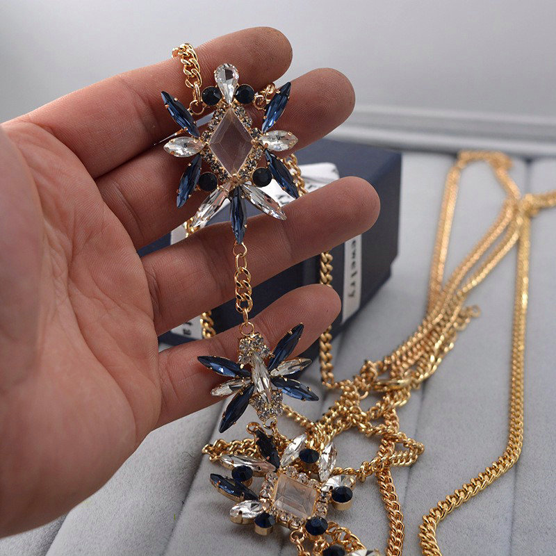 Bling Rhinestone Crystal Body Chain Bikini Beach Party Long Necklace Jewelry - Gold