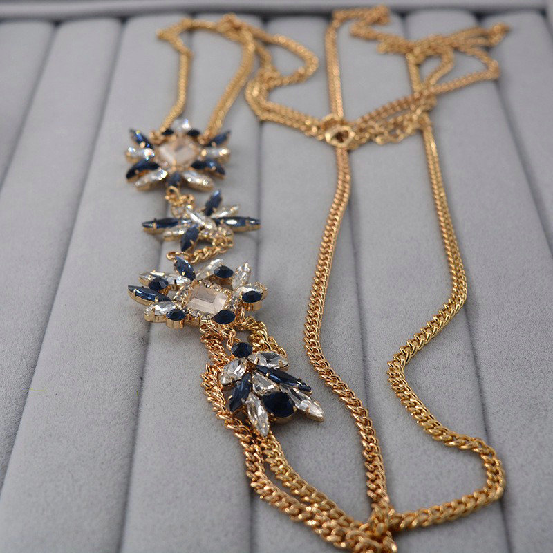 Bling Rhinestone Crystal Body Chain Bikini Beach Party Long Necklace Jewelry - Gold