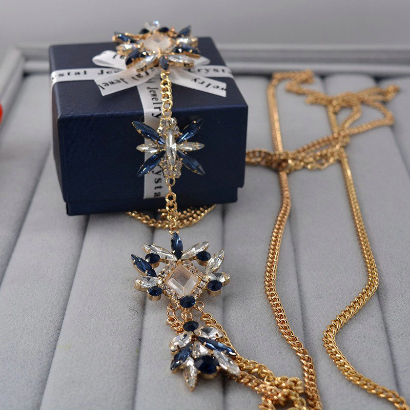 Bling Rhinestone Crystal Body Chain Bikini Beach Party Long Necklace Jewelry - Gold