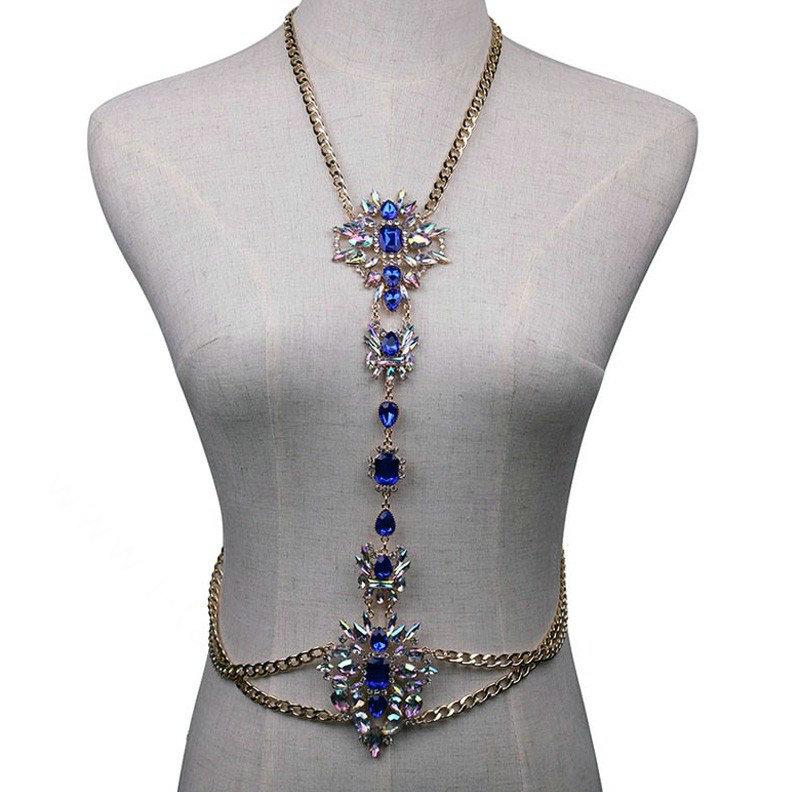 Bling Rhinestone Crystal Body Chain Bikini Beach Party Swimsuit Necklace Jewelry - Blue