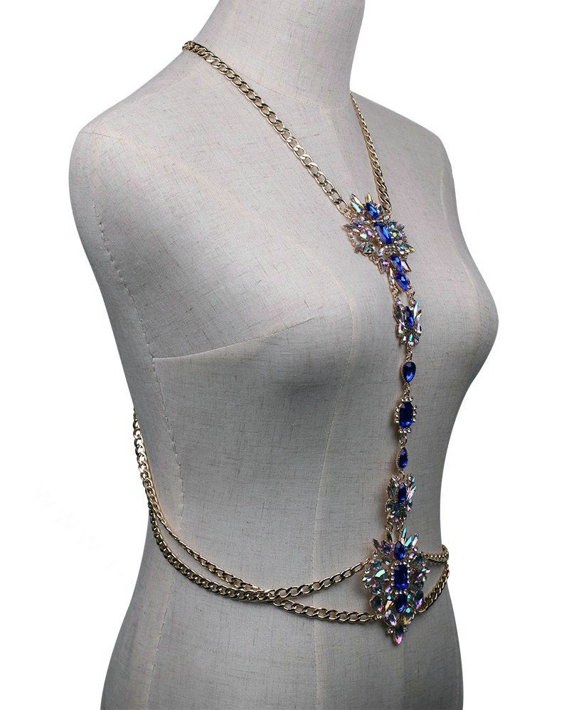 Bling Rhinestone Crystal Body Chain Bikini Beach Party Swimsuit Necklace Jewelry - Blue