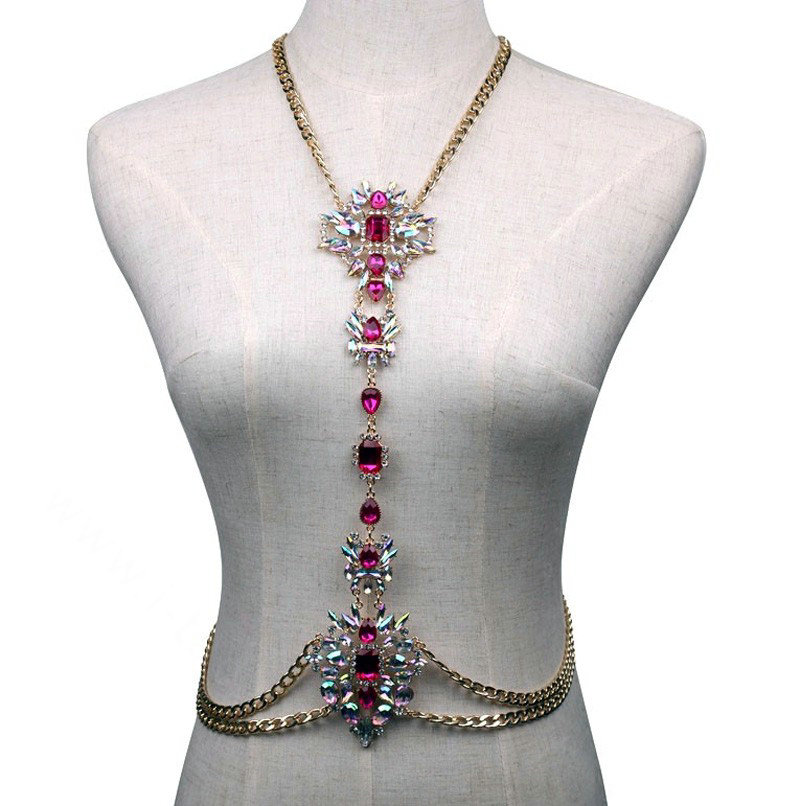 Bling Rhinestone Crystal Body Chain Bikini Beach Party Swimsuit Necklace Jewelry - Rose