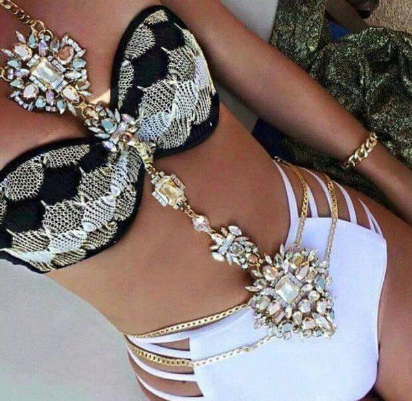 Bling Rhinestone Crystal Body Chain Bikini Beach Party Swimsuit Necklace Jewelry - White