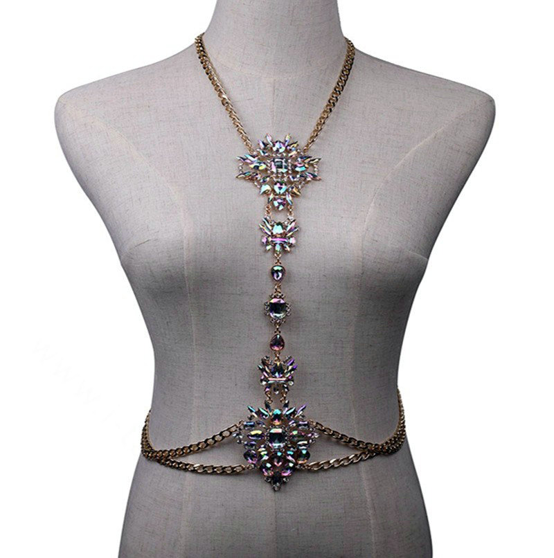 Bling Rhinestone Crystal Body Chain Bikini Beach Party Swimsuit Necklace Jewelry - White