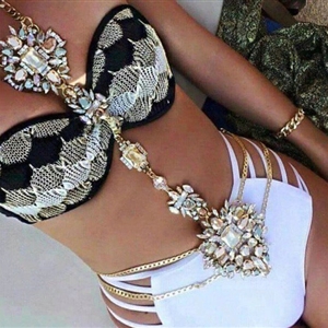 Bling Rhinestone Crystal Body Chain Bikini Beach Party Swimsuit Necklace Jewelry - White