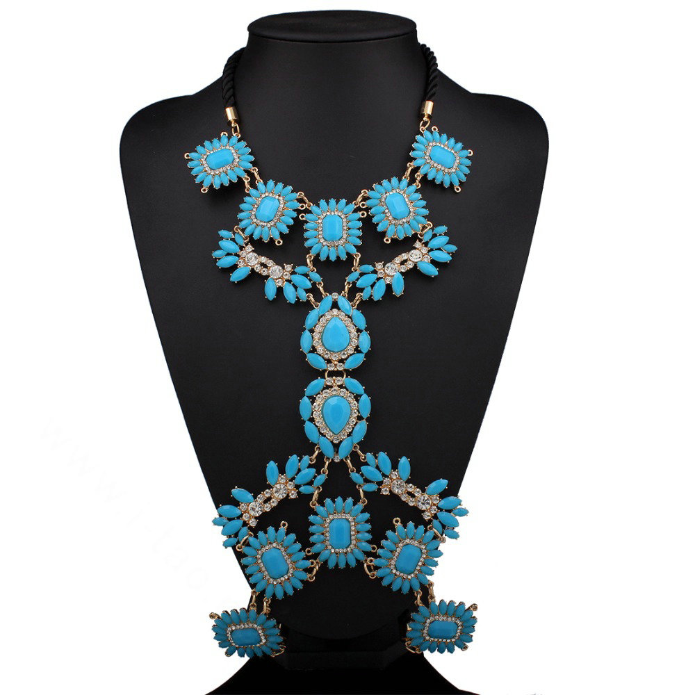 Bling Rhinestone Flower Belly Body Chain Bikini Beach Party Decro Necklace Jewelry - Blue