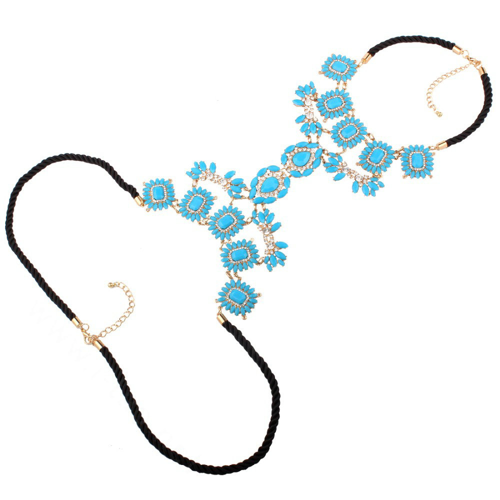 Bling Rhinestone Flower Belly Body Chain Bikini Beach Party Decro Necklace Jewelry - Blue