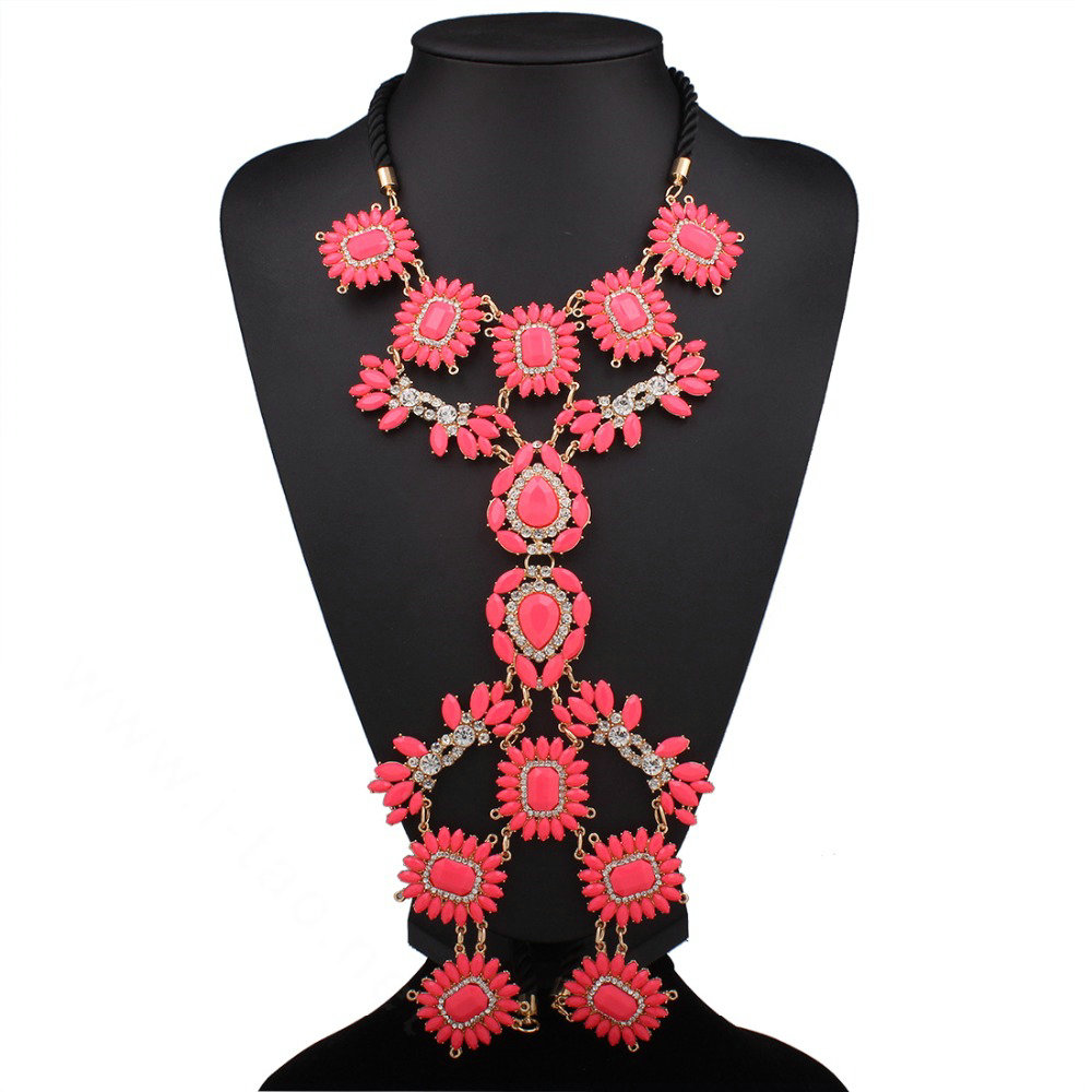 Bling Rhinestone Flower Belly Body Chain Bikini Beach Party Decro Necklace Jewelry - Red
