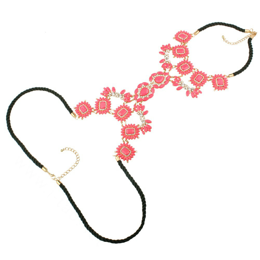 Bling Rhinestone Flower Belly Body Chain Bikini Beach Party Decro Necklace Jewelry - Red