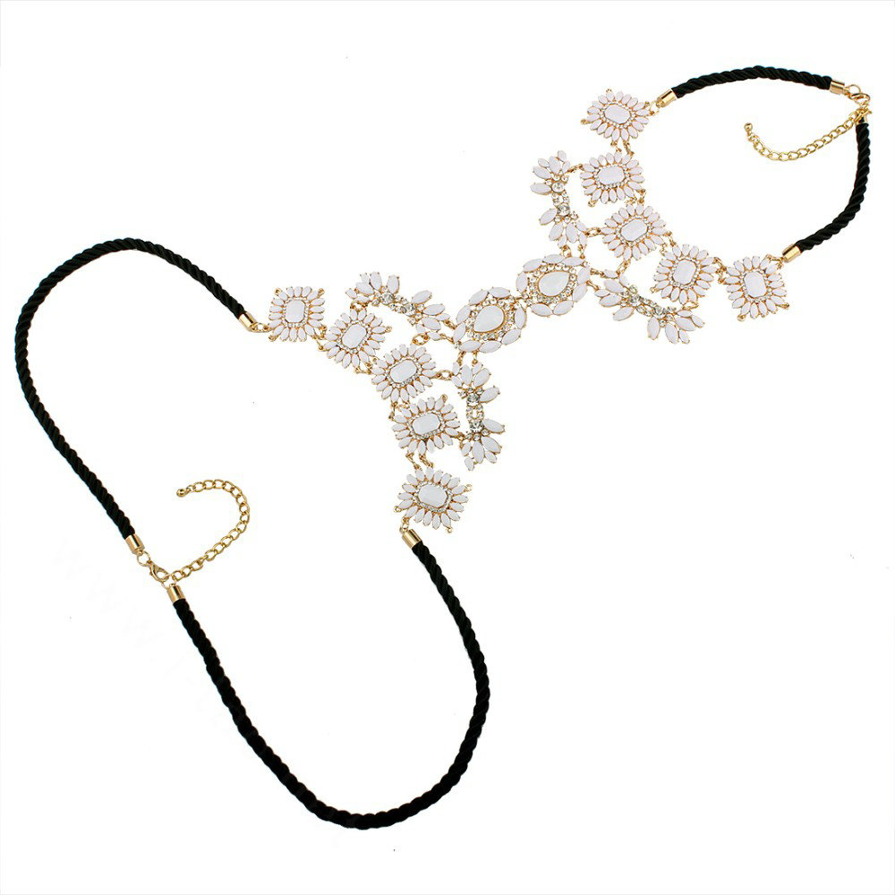 Bling Rhinestone Flower Belly Body Chain Bikini Beach Party Decro Necklace Jewelry - White