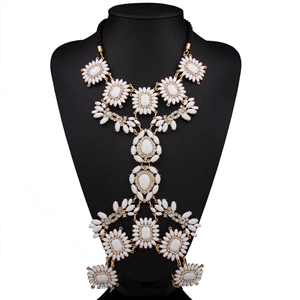 Bling Rhinestone Flower Belly Body Chain Bikini Beach Party Decro Necklace Jewelry - White
