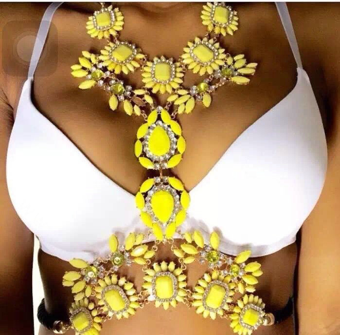 Bling Rhinestone Flower Belly Body Chain Bikini Beach Party Decro Necklace Jewelry - Yellow