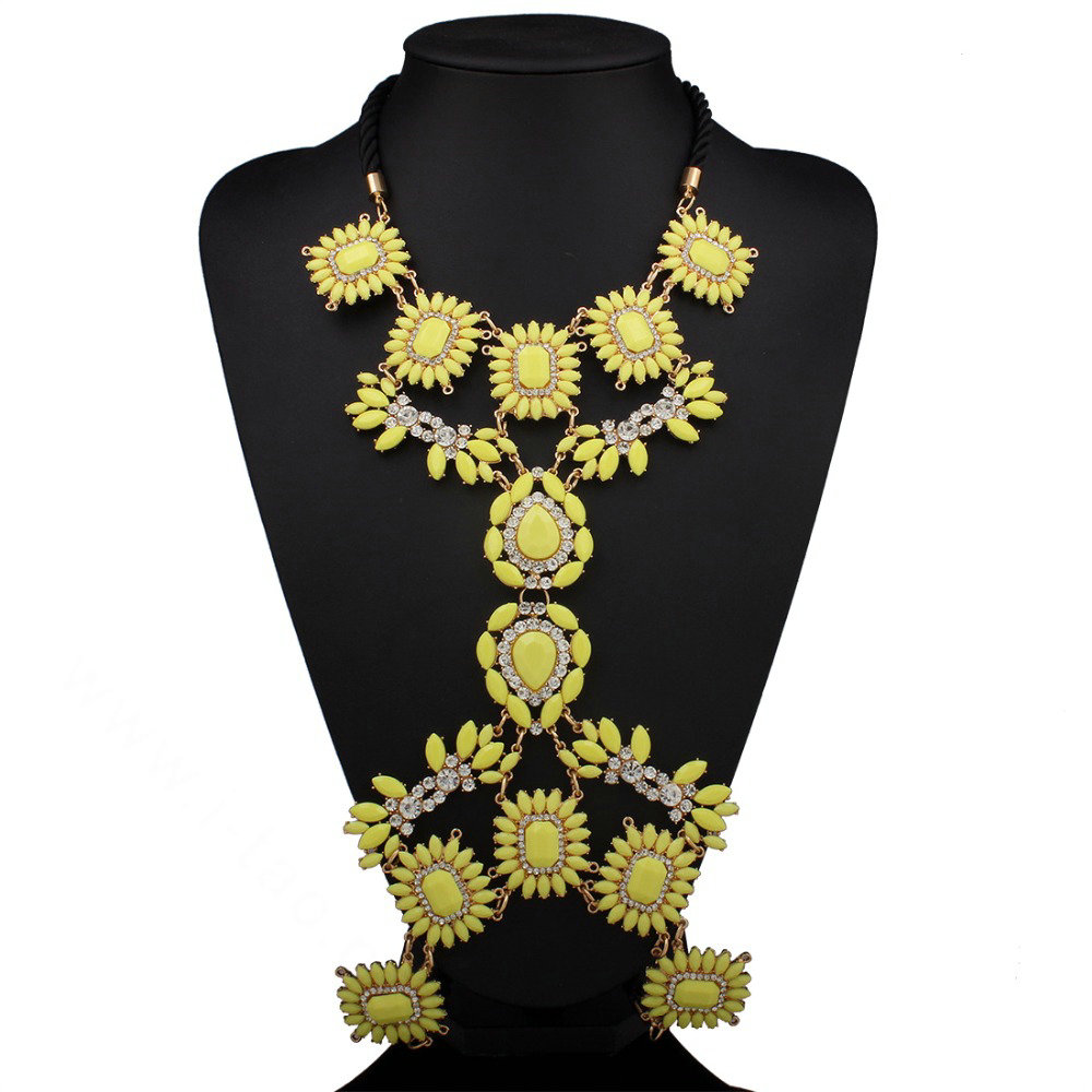Bling Rhinestone Flower Belly Body Chain Bikini Beach Party Decro Necklace Jewelry - Yellow