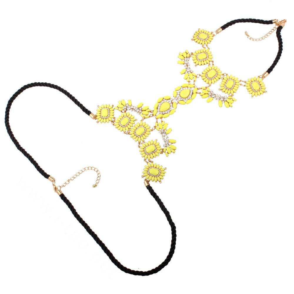 Bling Rhinestone Flower Belly Body Chain Bikini Beach Party Decro Necklace Jewelry - Yellow
