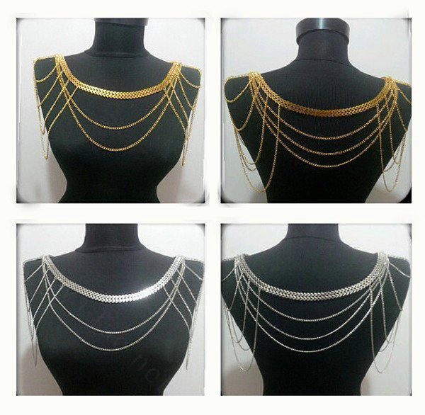Calssic Alloy Shoulder Necklace Multilayer Tassels Body Chains Punk Jewelry - Sliver
