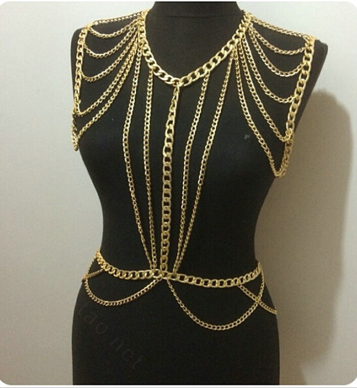 Calssic Alloy Shoulder Necklace Showgirl Multi layer Belly Waist Body Chains Jewelry - Gold