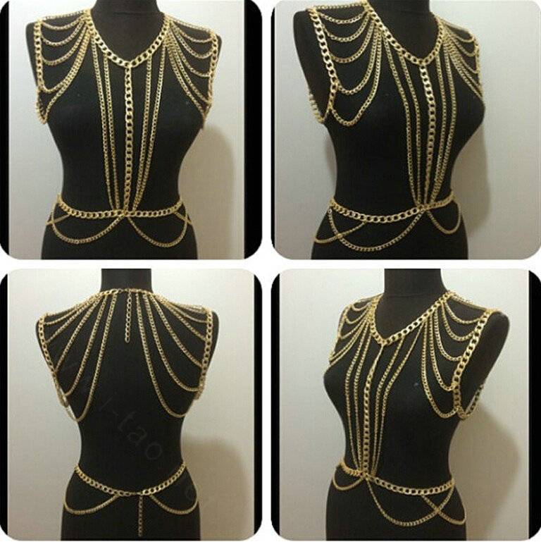 Calssic Alloy Shoulder Necklace Showgirl Multi layer Belly Waist Body Chains Jewelry - Gold