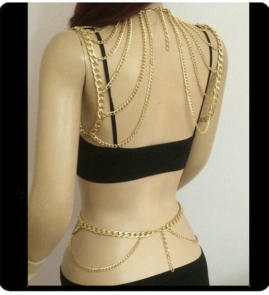 Calssic Alloy Shoulder Necklace Showgirl Multi layer Belly Waist Body Chains Jewelry - Gold