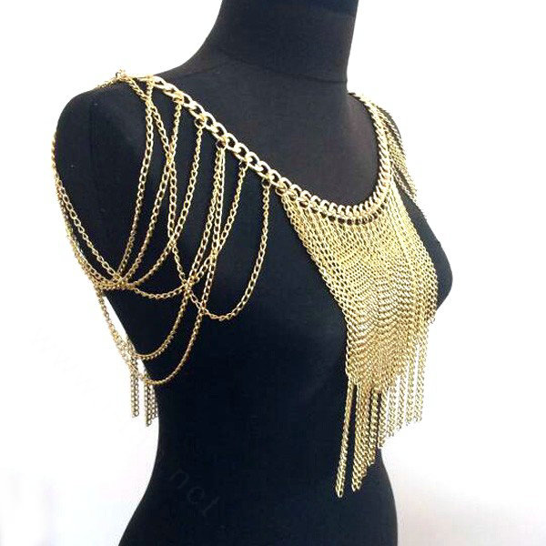 Calssic Alloy Shoulder Necklace Showgirl Multi layer Heavy Tassel Body Chains Jewelry - Gold