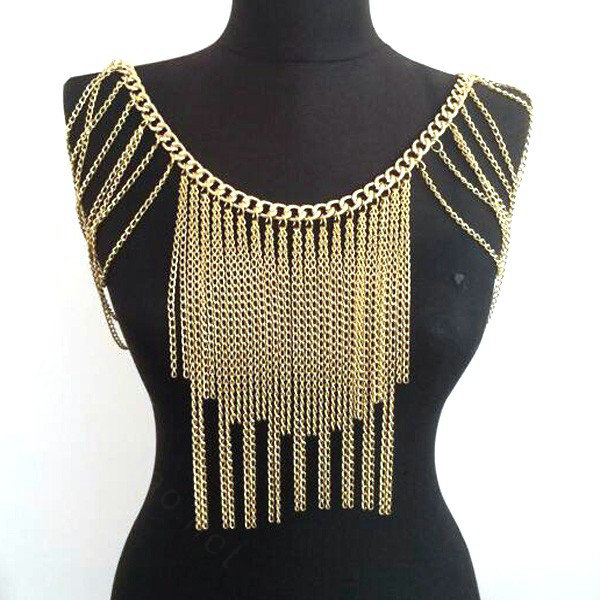 Calssic Alloy Shoulder Necklace Showgirl Multi layer Heavy Tassel Body Chains Jewelry - Sliver
