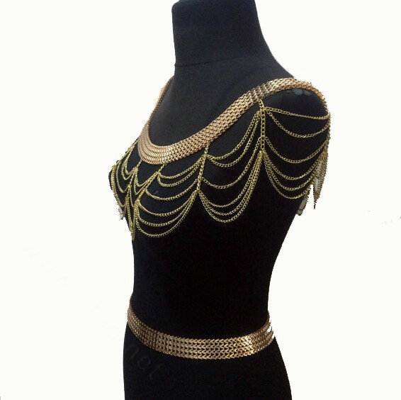 Calssic Alloy Shoulder Necklace Showgirl Multi layer Wave Tassel Body Chains Jewelry - Sliver