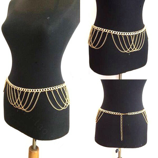 Calssic Alloy Shoulder Necklace Showgirl Tassels Belly Waist Body Chains Jewelry - Gold
