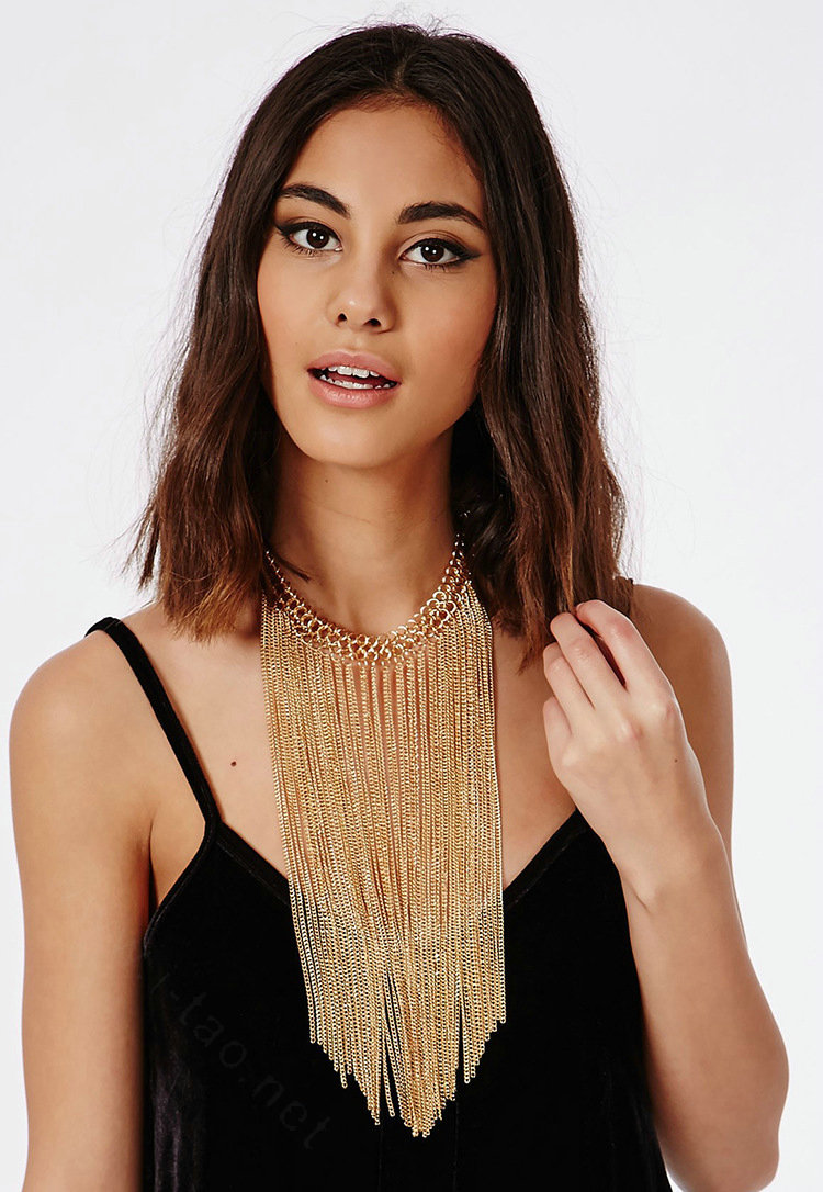 Calssic Metal Tassel Long Chunky Bib Necklace Punk Dress Decor Jewelry - Gold