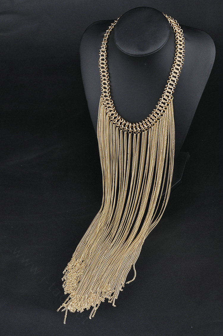 Calssic Metal Tassel Long Chunky Bib Necklace Punk Dress Decor Jewelry - Gold