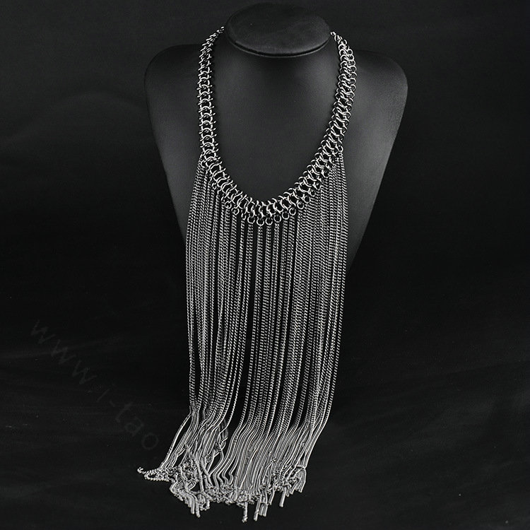 Calssic Metal Tassel Long Chunky Bib Necklace Punk Dress Decor Jewelry - Sliver