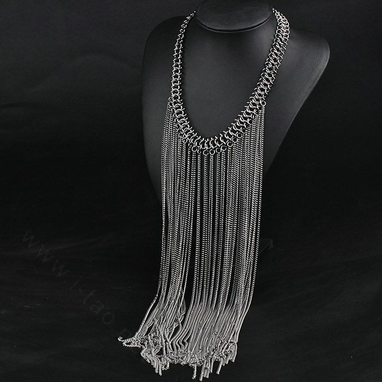Calssic Metal Tassel Long Chunky Bib Necklace Punk Dress Decor Jewelry - Sliver
