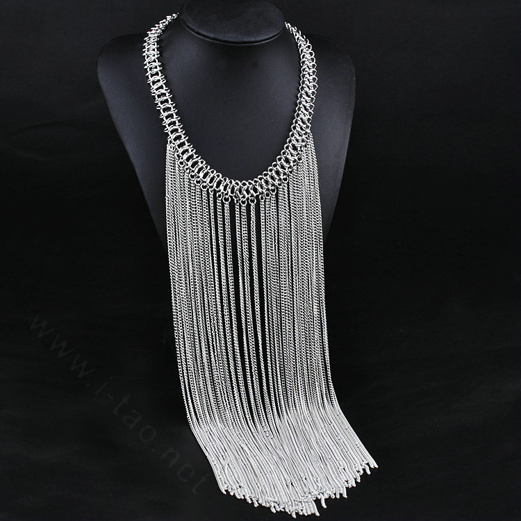Calssic Metal Tassel Long Chunky Bib Necklace Punk Dress Decor Jewelry - Sliver