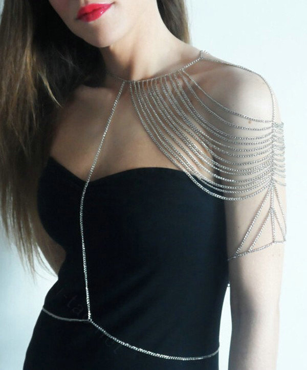 Calssic Multilayer Tassel Shoulder Necklace Showgirl Body Chains Jewelry - Gun balck