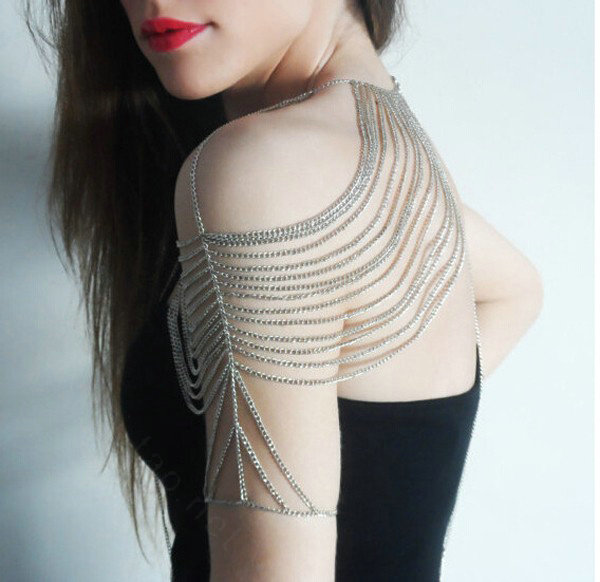 Calssic Multilayer Tassel Shoulder Necklace Showgirl Body Chains Jewelry - Gun balck