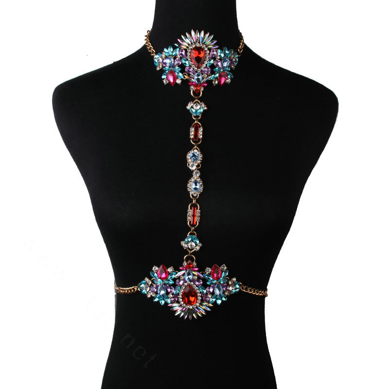 Calssic Rhinestone Flower Collar Pendant Necklace Bikini Beach Body Chain Jewelry - Colorful