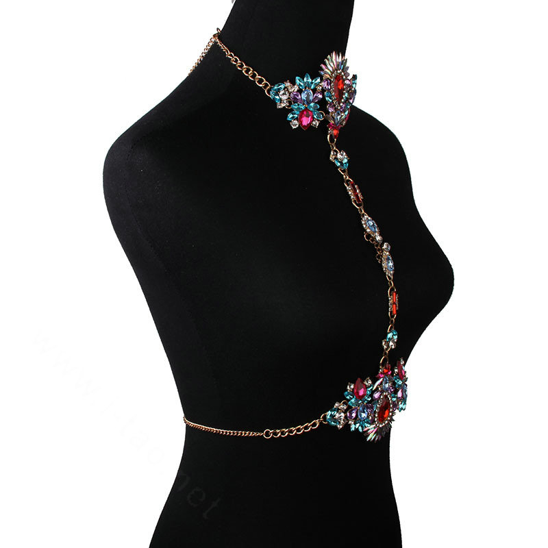 Calssic Rhinestone Flower Collar Pendant Necklace Bikini Beach Body Chain Jewelry - Colorful