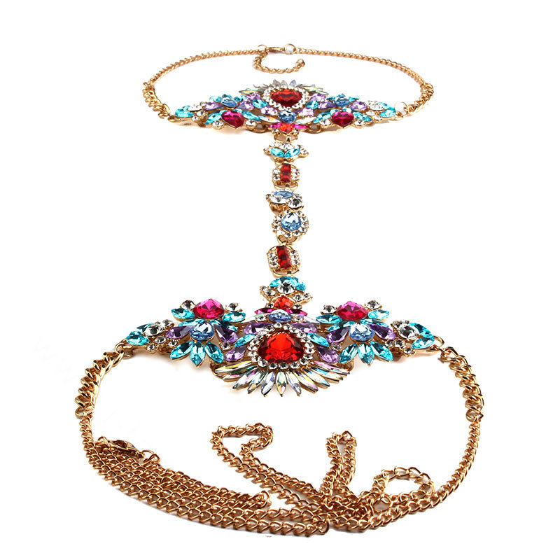 Calssic Rhinestone Flower Collar Pendant Necklace Bikini Beach Body Chain Jewelry - Colorful