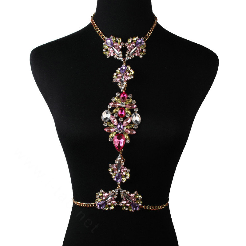 Calssic Rhinestone Flower Collar Pendant Necklace Bikini Showgirl Body Chain Jewelry - Colorful