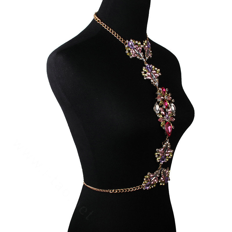 Calssic Rhinestone Flower Collar Pendant Necklace Bikini Showgirl Body Chain Jewelry - Colorful