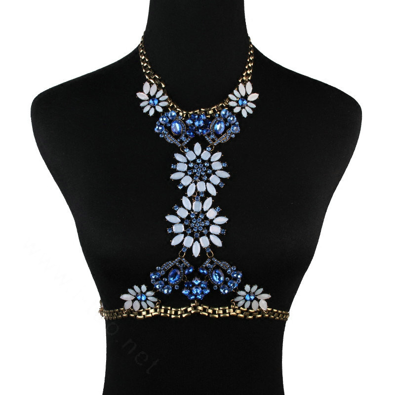 Calssic Rhinestone Flower Collar Pendant Necklace Dress Decro Body Chains Jewelry - Blue