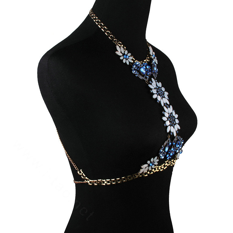 Calssic Rhinestone Flower Collar Pendant Necklace Dress Decro Body Chains Jewelry - Blue