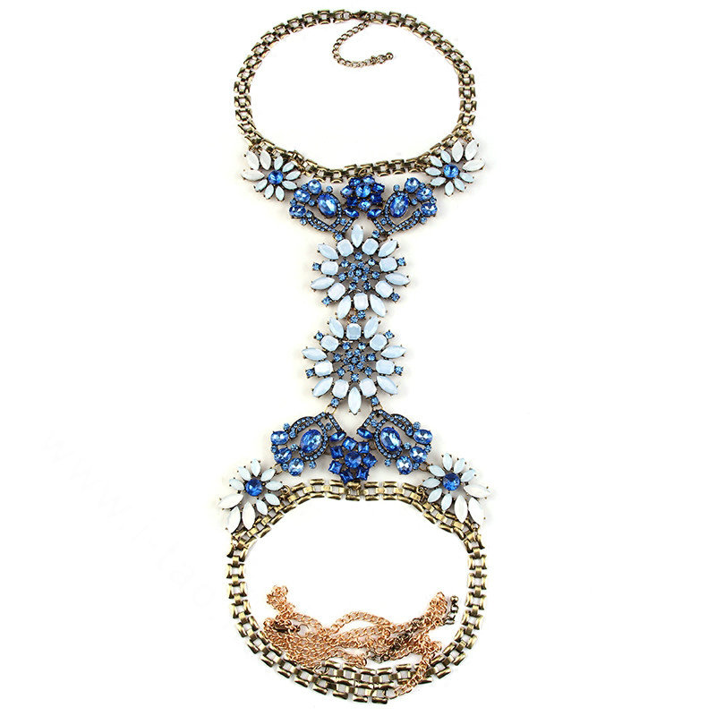 Calssic Rhinestone Flower Collar Pendant Necklace Dress Decro Body Chains Jewelry - Blue