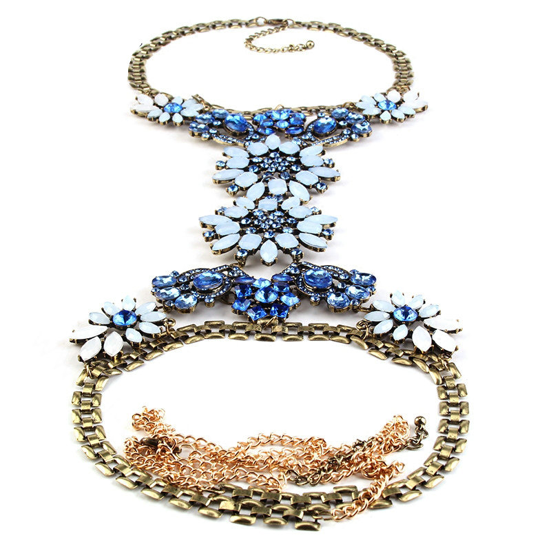 Calssic Rhinestone Flower Collar Pendant Necklace Dress Decro Body Chains Jewelry - Blue