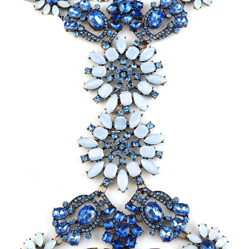 Calssic Rhinestone Flower Collar Pendant Necklace Dress Decro Body Chains Jewelry - Blue