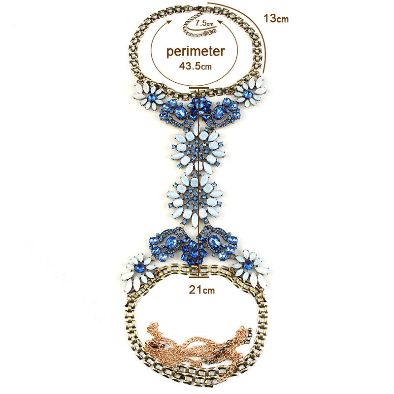 Calssic Rhinestone Flower Collar Pendant Necklace Dress Decro Body Chains Jewelry - Blue