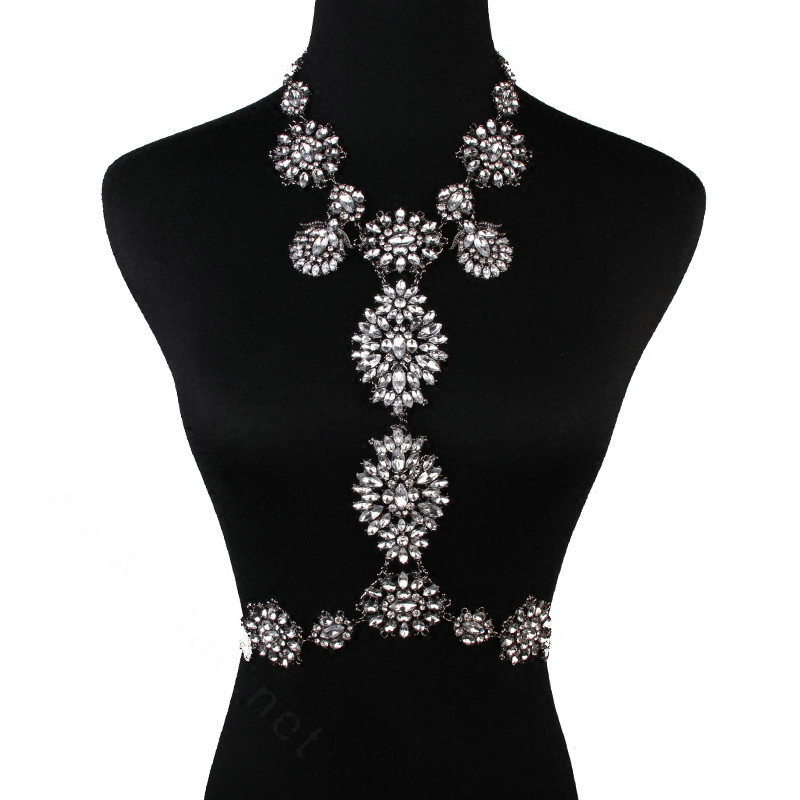 Calssic Rhinestone Flower Collar Pendant Necklace Dress Decro Body Chains Jewelry - White