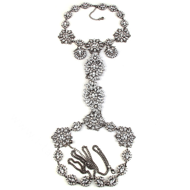 Calssic Rhinestone Flower Collar Pendant Necklace Dress Decro Body Chains Jewelry - White